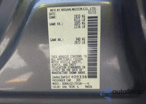 2015 Nissan Altima 2.5 S z USA, uszkodzony, nr VIN 1N4AL3AP1FC409338